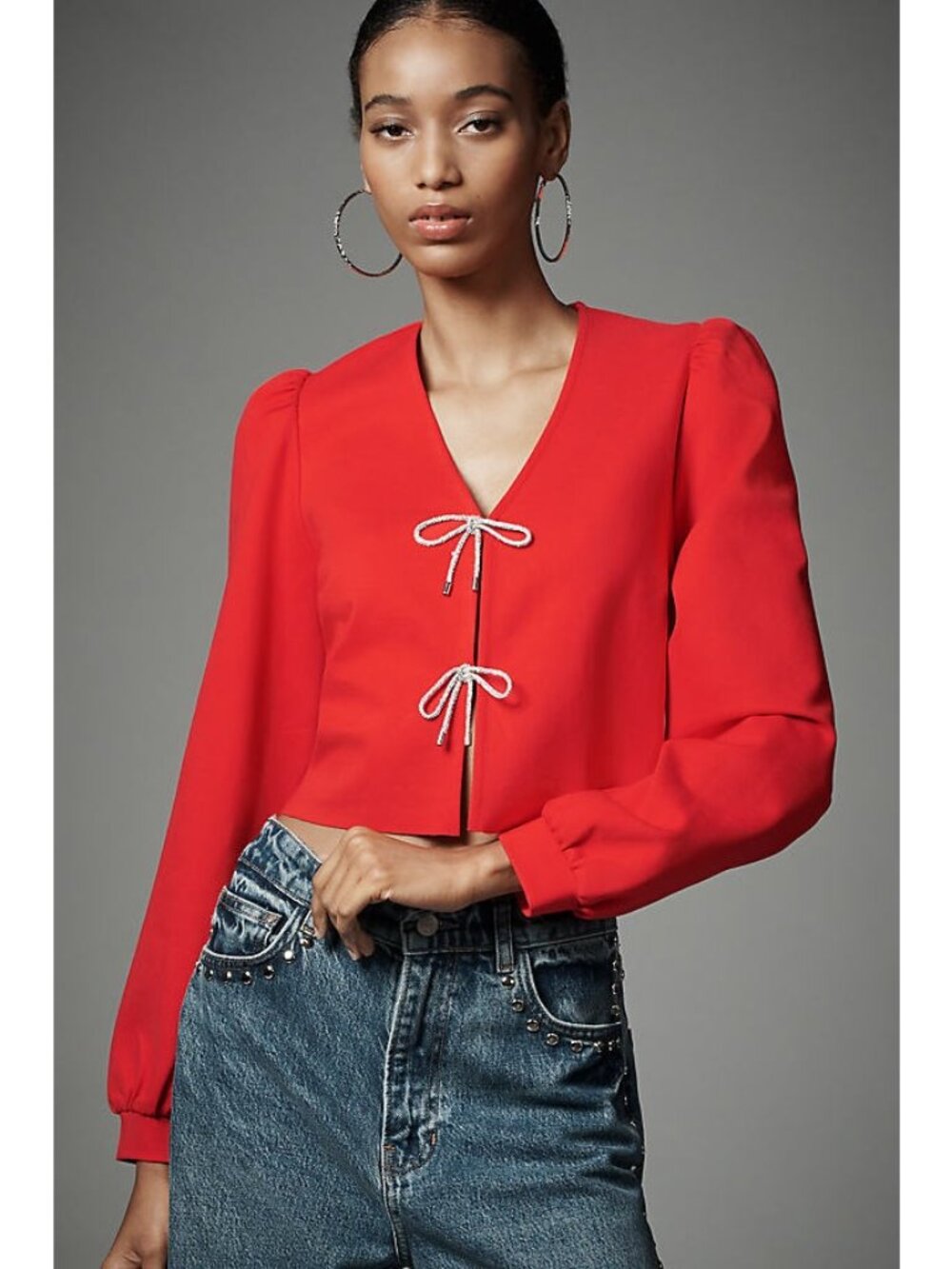 Dolan Red Left Coast Bow-Front Cardigan Top Size XL Blouse Shirt Cropped Dressy